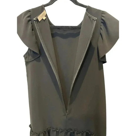 Ann Taylor LOFT Women Black Short Sleeve Crew Neck Back Zip Ruffle Dress Size M - Picture 4 of 7